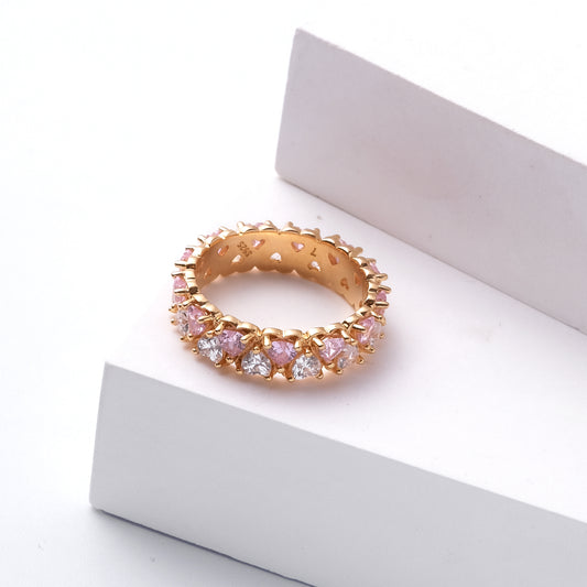 925 Silver 14k Gold Plated Pink and White Heart Zirconia Ring